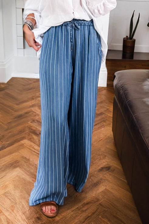 Striped Chambray Elastic Waist Drawstring Wide Leg Pull On Jeans